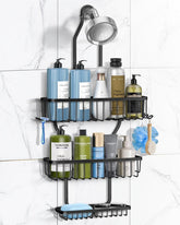 MSAICOE front view over-showerhead caddy showing organized toiletries and benefit of neat storage