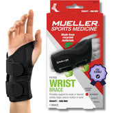 MUELLER front view of green fitted wrist brace showing compact packaging and ready-to-wear benefit