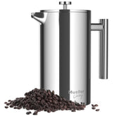 Mueller stainless steel French press front view showing sleek double‑walled carafe and durable finish for hotter coffee
