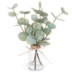Muhanjia front view of eucalyptus stems in glass vase showing elegant centerpiece benefit