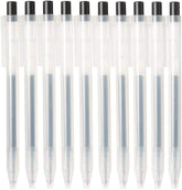 MUJI front view of 10-piece black pen set showing minimalist packaging and value
