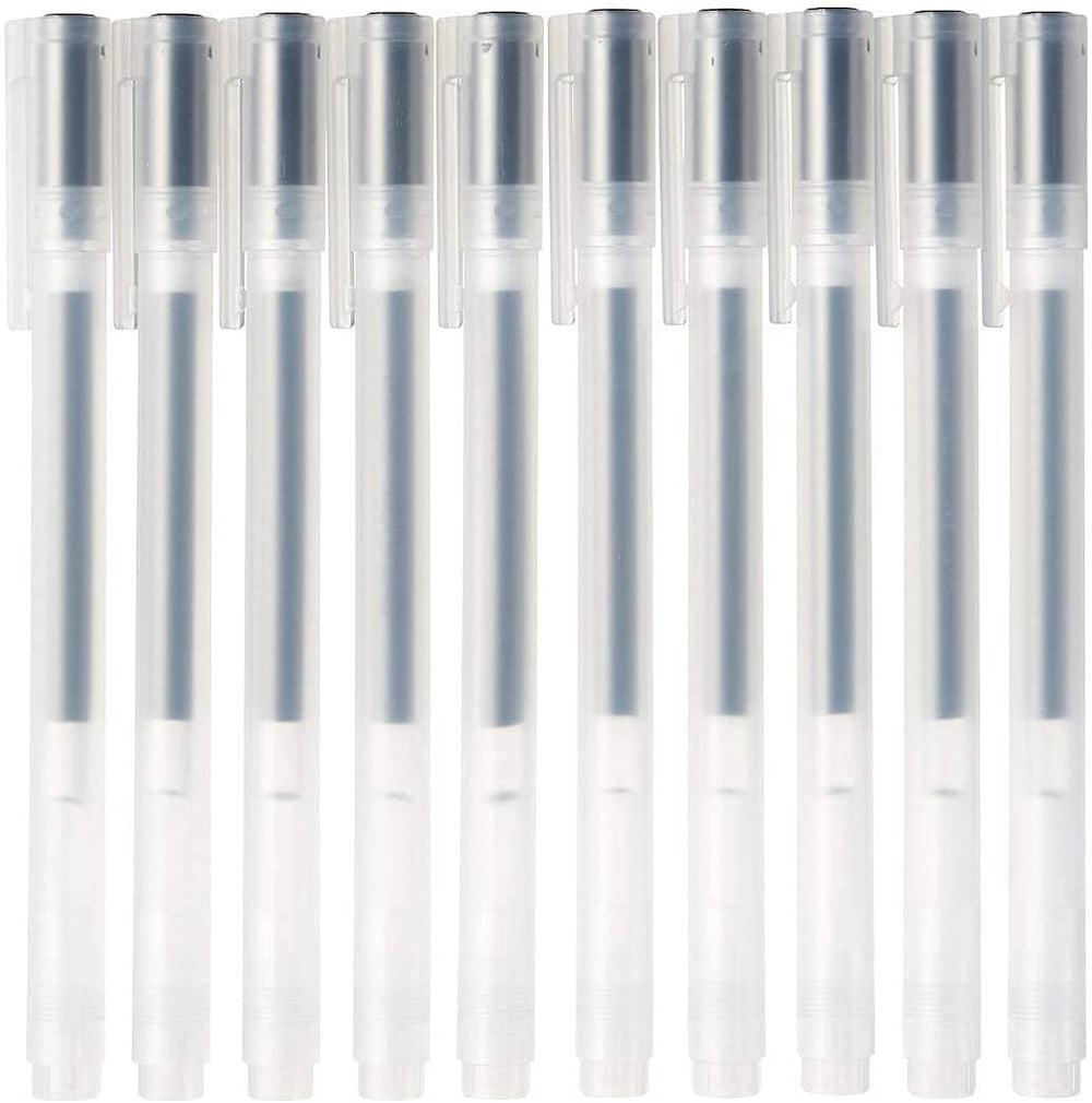 MUJI front packaging showing ten capped black gel pens for neat storage and gifting