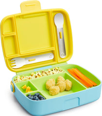 Munchkin front view of lunch bento box shows compact design and colorful panels