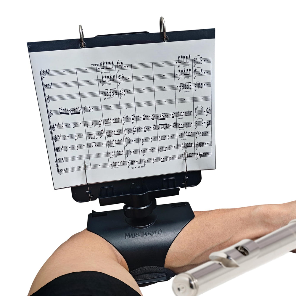 MusBoard front view of FP10 lyre showing flip folder and sleeve benefits