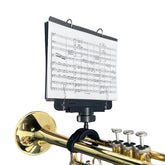 MusBoard TC10T front view attached to trumpet showing secure fit and clear folder