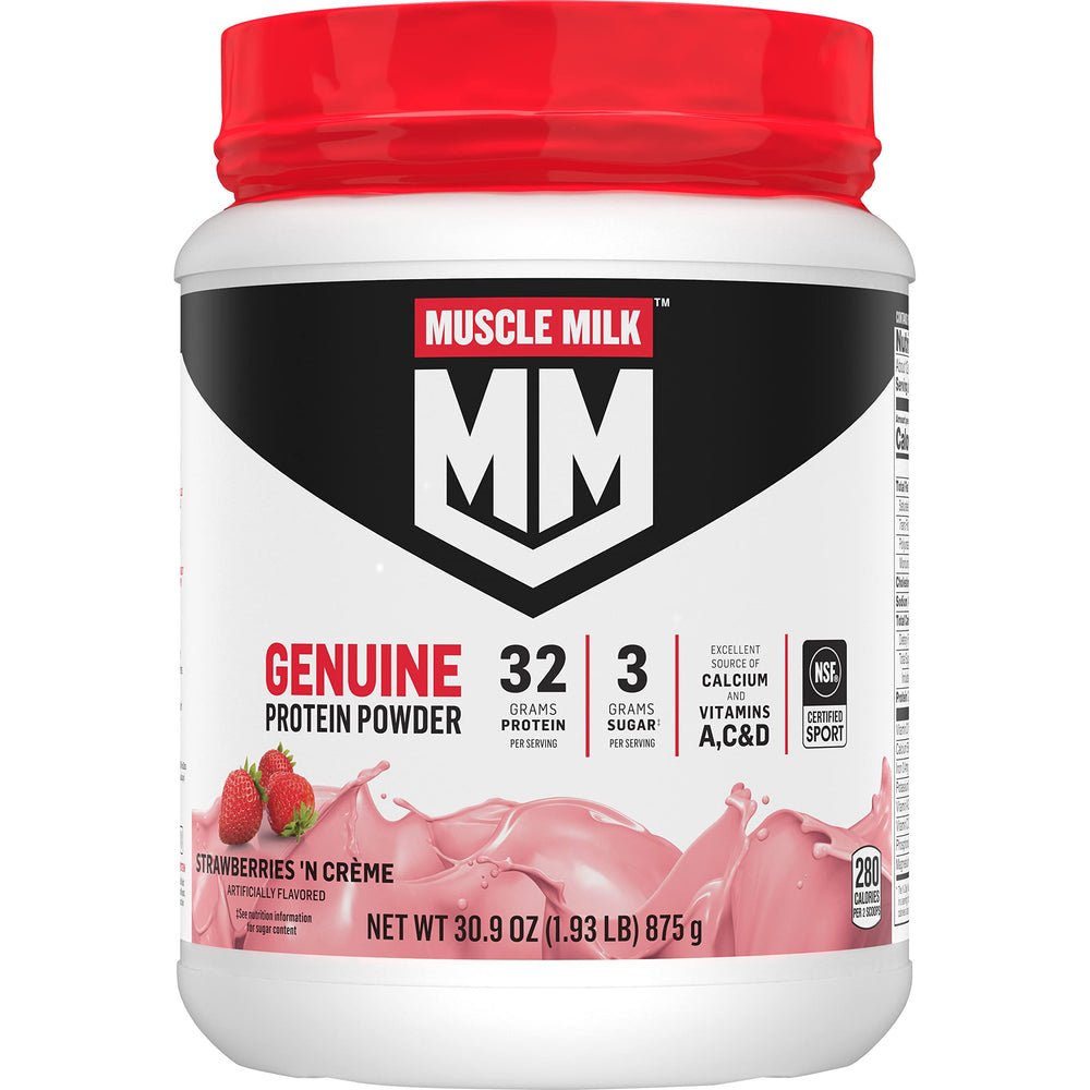 Muscle Milk front canister showing strawberries ’n crème flavor and serving info for easy selection
