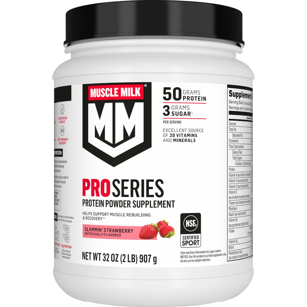 Muscle Milk front canister showing label and strawberry flavor benefit