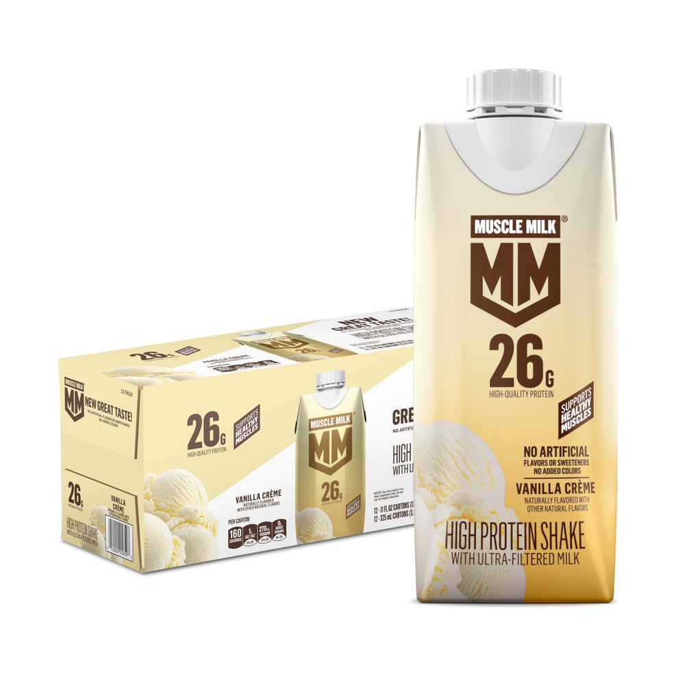 Muscle Milk vanilla crème front packaging showing protein amount and benefits