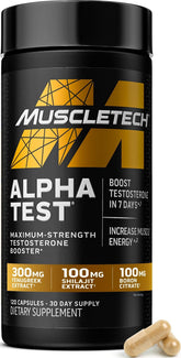 MuscleTech AlphaTest front packaging showing bottle and label benefits