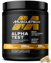 MuscleTech AlphaTest front packaging showing bottle and branding for clear product identification