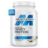 MuscleTech tub front view showing Deluxe Vanilla and clean ingredient claims