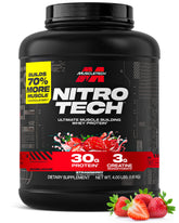 MuscleTech Nitro-Tech front tub showing strawberry flavor and benefits