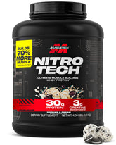 MuscleTech front tub showing Cookies & Cream label and size benefit