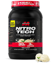 MuscleTech Nitro-Tech front tub showing vanilla cream label and benefits