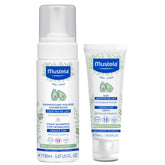 Mustela front packaging of cradle cap bundle shows both products and benefits