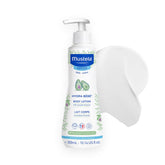 Mustela front packaging of Hydra Bébé lotion showing size and pump benefit