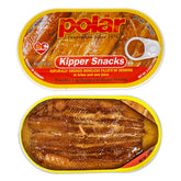 MW Polar front can of kipper snacks showing label and benefit of natural smoking