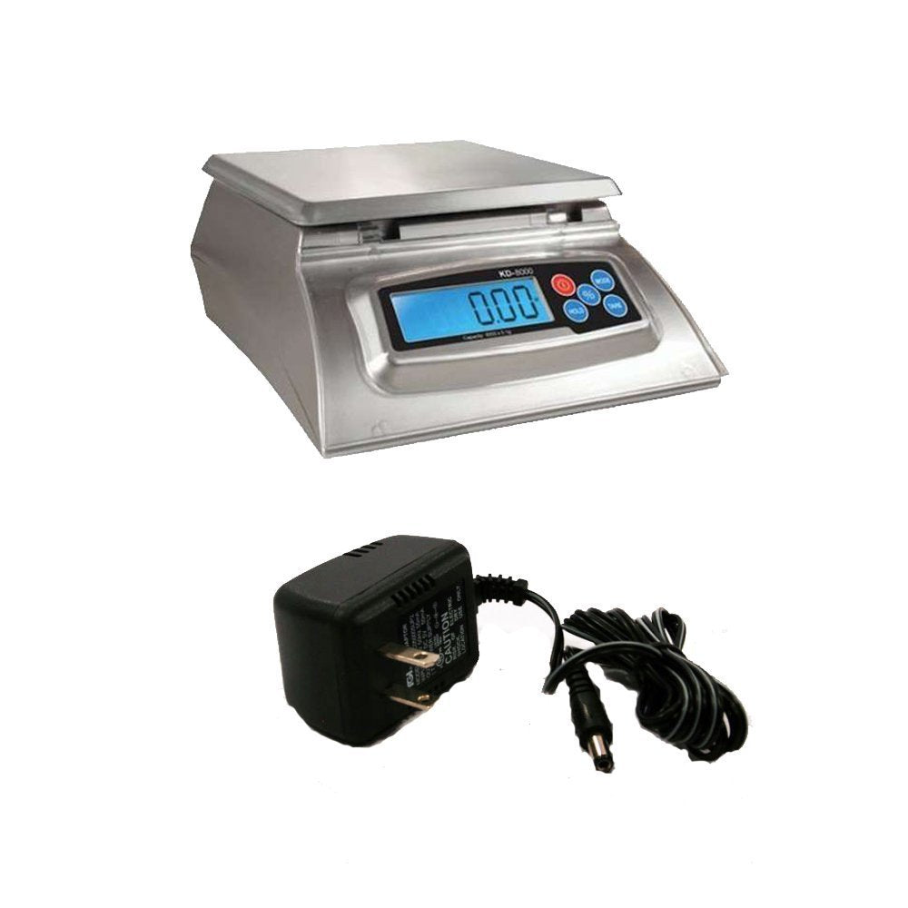 My Weigh KD-8000 front view showing stainless-steel platform and capacity, helps precise weighing