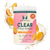 Myprotein front packaging showing Peach Mango flavor and benefits