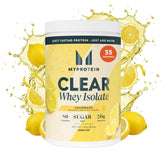 Myprotein tub front view showing Clear Whey Isolate Lemonade benefits