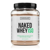 NAKED front package showing chocolate whey isolate and servings benefit