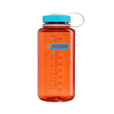 Nalgene bottle front view showing Thrill & Motion flame and Blue Atoll label for durable hydration