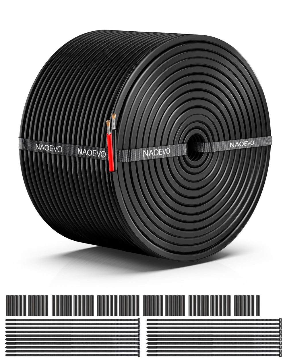 NAOEVO front packaging showing 50FT spool and 16 AWG label, clear product ID and benefits