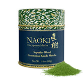 Naoki Matcha front tin showing branding and compact size for freshness