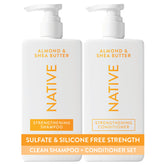 Native front packaging of almond and shea bottles showing set