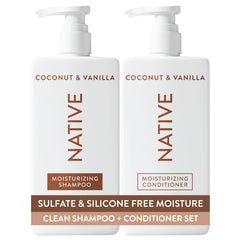 Native front packaging showing shampoo and conditioner set and clear product benefit