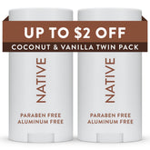 Native front packaging showing coconut and vanilla scent and twin pack benefits