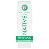 Native front bottle showing SPF 30 and pear coconut water scent beneficial daily protection
