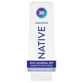 Native front packaging showing SPF 30 and unscented benefits