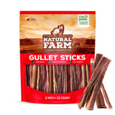Natural Farm front packaging showing 25-count 6-inch gullet sticks and clean-label benefit