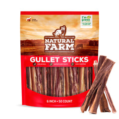 Natural Farm front packaging showing 50-count gullet sticks and product benefits