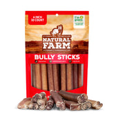 Natural Farm front packaging showing 4-inch bully sticks and clear labeling benefit transparency