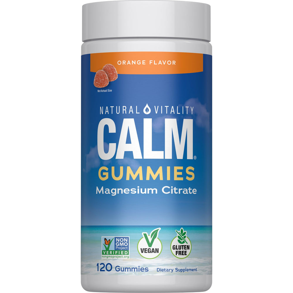 Natural Vitality Calm gummies front packaging showing jar and orange flavor benefit