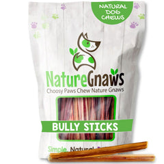 Nature Gnaws front packaging showing three bully sticks and product benefits