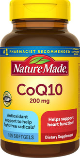 Nature Made CoQ10 front packaging showing bottle and 105-count, clear support for routine