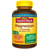 Nature Made front label showing Magnesium L-Threonate benefits and bottle design