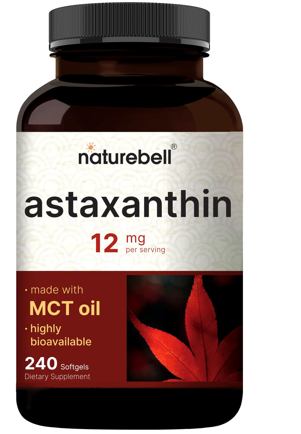 NatureBell astaxanthin front packaging showing bottle and seal benefits clarity