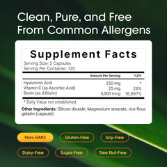 NatureBell label detail showing hyaluronic acid, biotin, vitamin C benefits