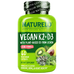 NATURELO front packaging shows bottle and label with vegan benefit