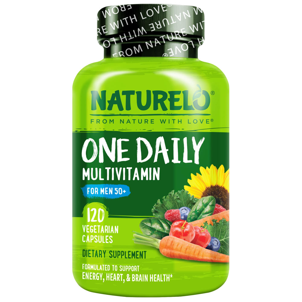 NATURELO front bottle view showing daily multivitamin for men 50+ support