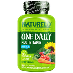 NATURELO front packaging showing one-daily men's multivitamin benefits