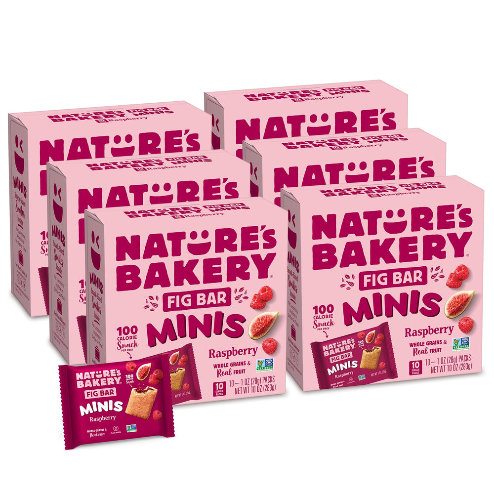 Nature's Bakery front packaging showing raspberry fig minis, convenient portability