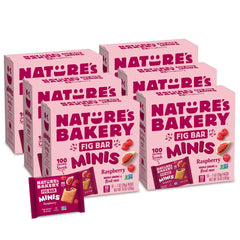 Nature's Bakery front packaging showing raspberry fig minis, convenient portability