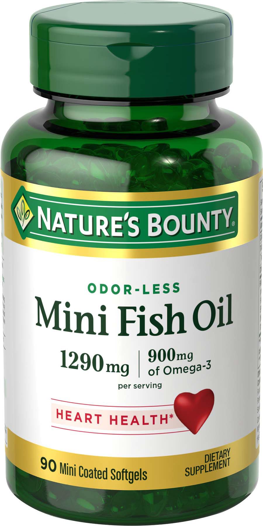 Nature's Bounty front packaging showing mini fish oil bottle for easy identification and trust