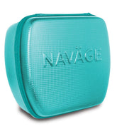 Navage front view of teal travel case showing compact profile and secure zipper