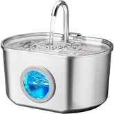 Neareal front view of stainless steel fountain showing sleek design and hygiene benefits